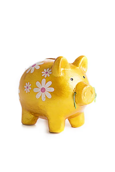 Goldy piggybank in flowers isolated — Stock Photo, Image