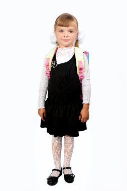 tek tip bir sırt üzerinde beyaz backgr ile okulda öğrenci kız