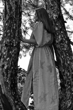 Ormanın çalılıklarında, orman elfi şeklinde güzel bir kadın..