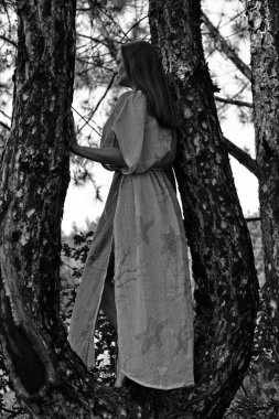 Ormanın çalılıklarında, orman elfi şeklinde güzel bir kadın..