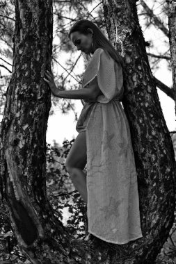 Ormanın çalılıklarında, orman elfi şeklinde güzel bir kadın..