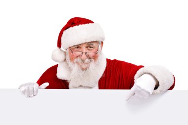 Santa pointing in white sign