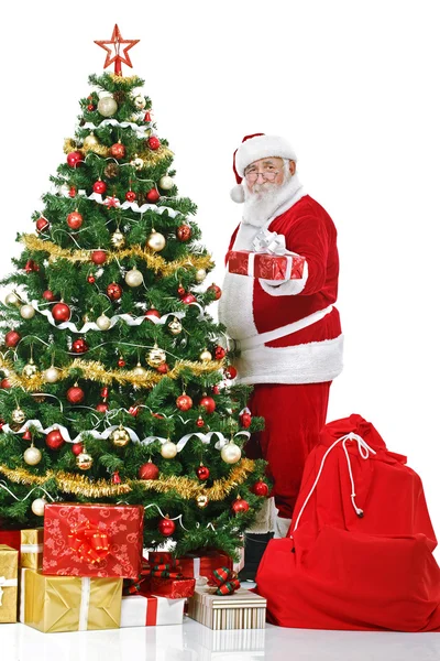 Santa junto al árbol de Navidad con regalo —  Fotos de Stock