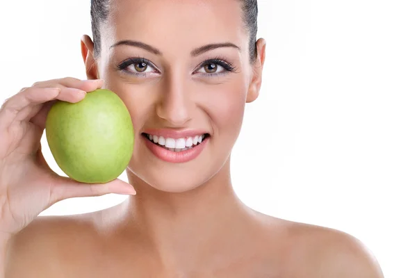 Woman with healthy teeth and green apple Royalty Free Stock Photos