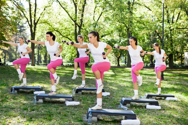 Grupo de mulheres fazendo exercícios, outdoo — Fotografia de Stock
