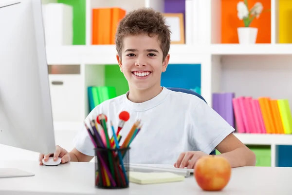 Menino bonito usando um computador e sorrindo — Fotografia de Stock