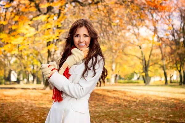 Mujer sonriente en el parque de otoño — Foto de Stock
