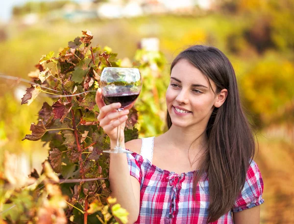 Donna con bicchiere di vino in vigna . — Foto Stock