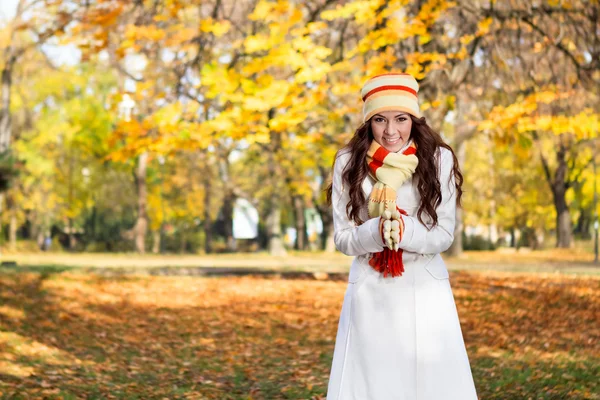 Beautiful modern woman in autumn park — Stock Photo, Image