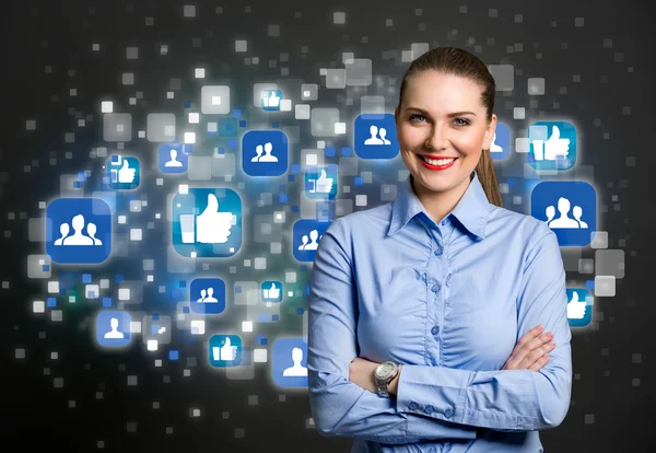 Success business woman with social icon in background — Stock Photo, Image