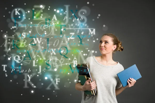 Jonge vrouwelijke student met wolken van heldere formules, getallen, le — Stockfoto
