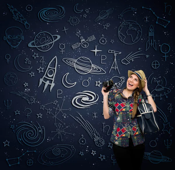 Excited woman looking at draw space — Stock Photo, Image