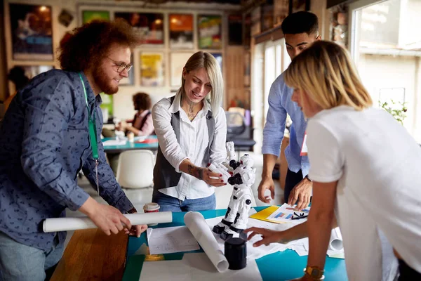 Group Caucasian Young Adult Creative People Working Together Standing Desk — Stock Photo, Image