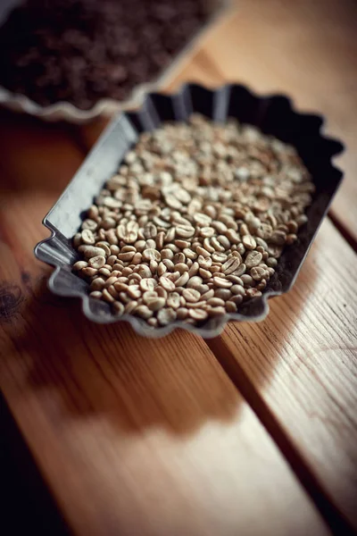 Close Container Full Fresh Organic Raw Coffee Beans Nicely Arranged — Stock Photo, Image