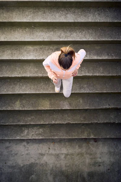Artistic Image Young Adult Woman Running Stairs Copy Space — Stock Photo, Image