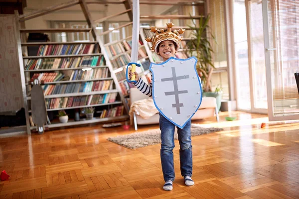 Menino Bonito Com Uma Espada Escudo Posando Para Uma Foto — Fotografia de Stock