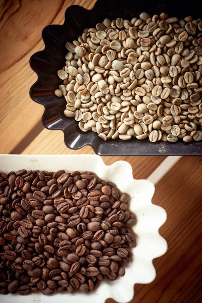 Bird Eye View Fragrant Aromatic Raw Roasted Coffee Beans Containers — Stock Photo, Image