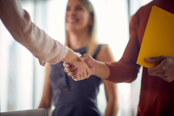 Business handshake in the office.Partnership, deal, agreement.
