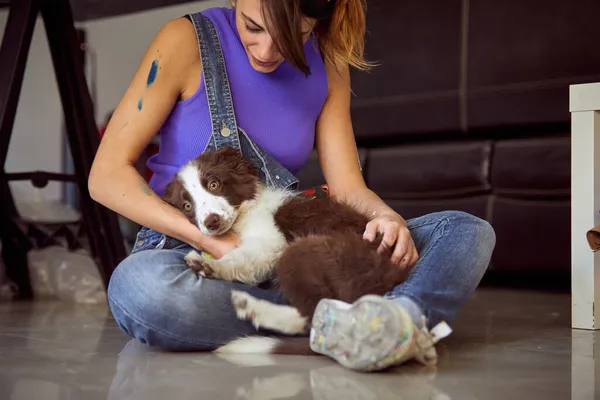 Ung Kvinnlig Konstnär Och Hennes Hund Sitter Golvet Trevlig Atmosfär — Stockfoto