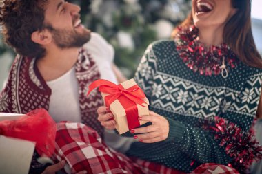 Genç ve mutlu bir çiftin evde neşeli bir atmosferde oturup Noel hediyelerini paylaşırken iyi vakit geçirdiği yakın plan çekimler. Noel, ev, ilişki, hediyeler