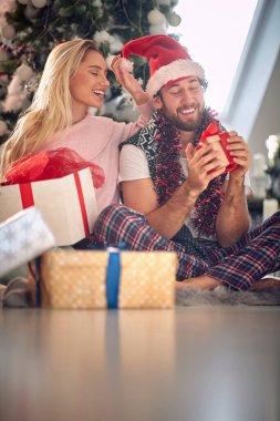 Bir erkek, kız arkadaşından aldığı Noel hediyesi yüzünden duygularla doludur. Noel tatili boyunca evde hoş bir atmosferde yerde otururken. Noel, ev, ilişki, hediyeler