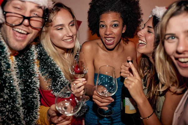 People Enjoying Party Together Friends Dancing Laughing Party New Year — Stock Photo, Image