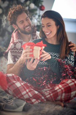 Bir adam, kız arkadaşına yılbaşı hediyesi veriyor. Bu sırada onlar evde güzel bir atmosferde birlikte oturuyorlar. Noel, ev, ilişki, hediyeler