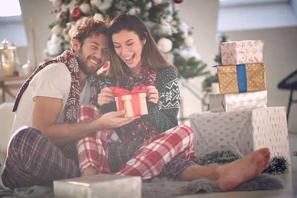 Mutlu Kafkas çifti Noel sabahı Noel hediyelerini değiş tokuş ederken; bayram neşesi kavramı