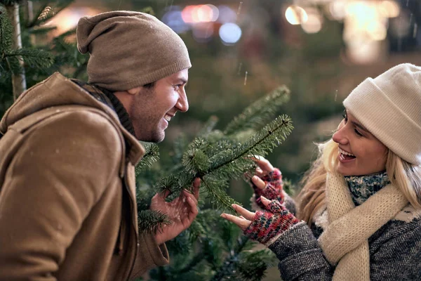 Lovely Caucasian Couple Picking Out Christmas Tree Together Christmas Joy — Stock Photo, Image