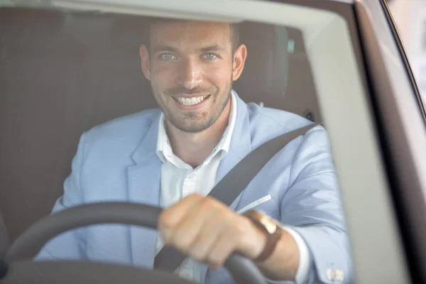 Male Customer Sitting New Car Just Bought Auto Shop Posing — Stock Photo, Image