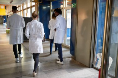 Genç kimya öğrencileri yoğun derslerden sonra üniversite binası koridorunda mola verdiler. Kurum, koridor, üniversite, insanlar