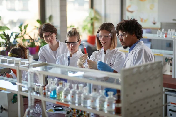 Jonge Studenten Werken Graag Met Chemicaliën Een Steriele Laboratoriumomgeving Wetenschap — Stockfoto