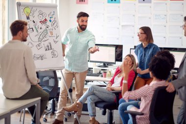 Bir grup çok ırklı, hırslı genç çalışan ofiste beyin fırtınası yapıyor.