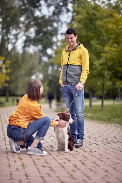 Junger Kaukasischer Rüde Der Mit Seinem Hund Der Leine Steht — Stockfoto