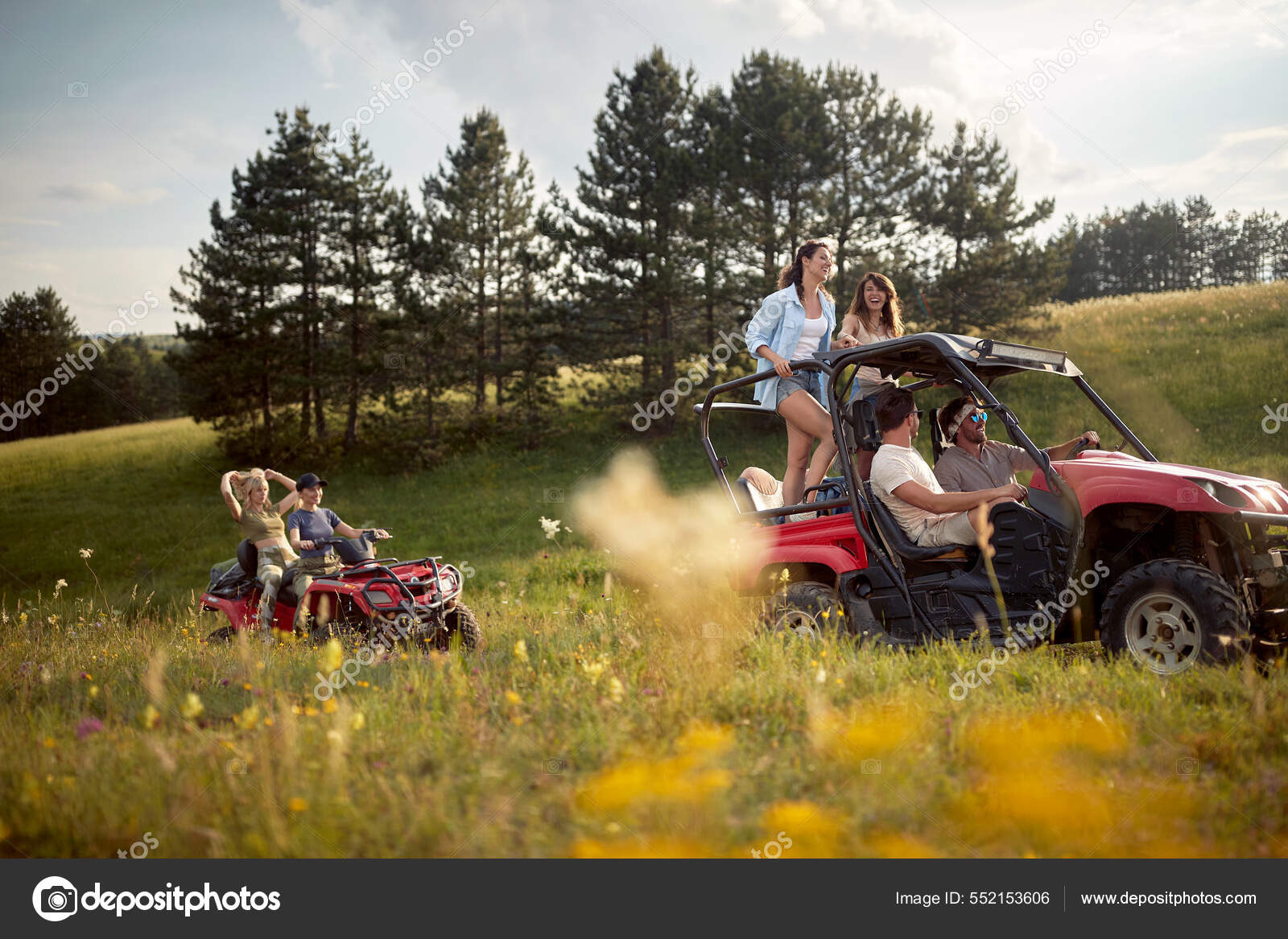 Group Friends Riding Quads Beautiful Sunny Day Nature Riding Nature ...