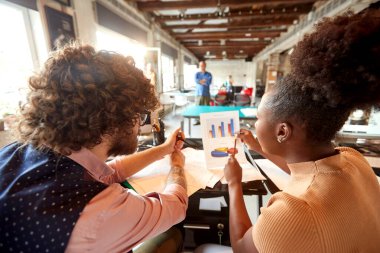 Genç meslektaşlar ofiste hoş bir atmosferde çalışırken belgeyle ilgili bir grafiği tartışıyorlar.