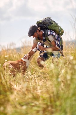 İnsan ve köpeği mutlu güneşli bir yaz gününde çayırda