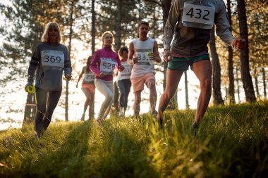 Güneşli bir günde ormanda maraton koşan bir grup sporcunun yakın çekimi. Doğa, maraton, sporcular