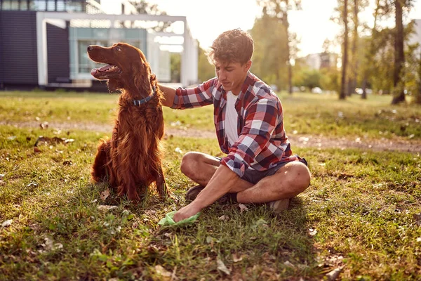 Young Guy Sitting Grass Collecting Poop His Dog While Walking — Stock Photo, Image