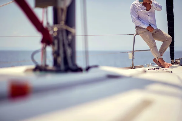 Young Handsome Barefoot Male Model Sitting Drinking Coffee Yacht Seaside — Stock Photo, Image