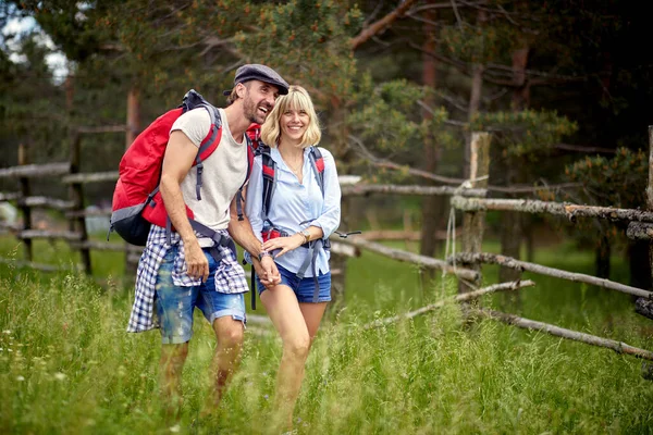 幸せなカップルは山の中でハイキングしています晴れた夏の日に森の中で楽しい男と女 — ストック写真