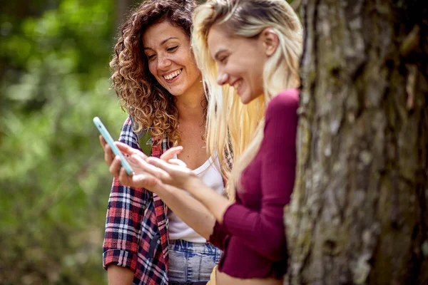 Két Fiatal Vidám Lány Nézi Mobiltelefonját Nevet Nyár Hegyvidéki Táj — Stock Fotó