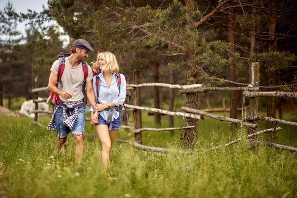 自然の中で美しい一日をハイキングしながら 愛の若いカップルは良い気分です ハイキング アクティビティ — ストック写真