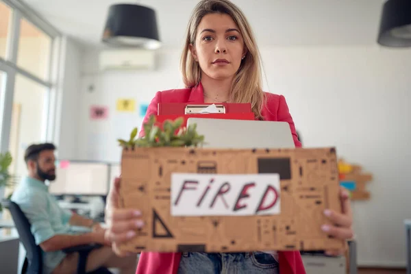 Close Young Sad Female Office Employee Posing Photo Being Fired — Stock Photo, Image