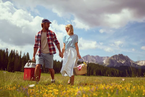 Genç çift gülümsüyor ve piknik sepetleriyle doğada yürüyor. Eğlence, birliktelik, yaşam tarzı, doğa konsepti..