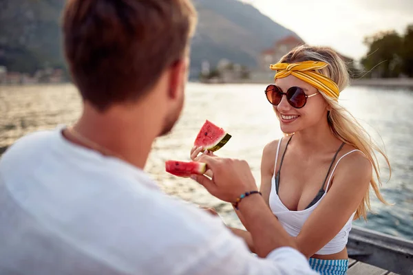 Couple Romantic Date Sea Eating Watermelon Travel Love Fun Togetherness — Zdjęcie stockowe