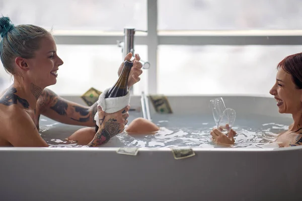 Two Sexy Girls Having Fun Together Bathtub Sinful Life Concept — Stock Photo, Image