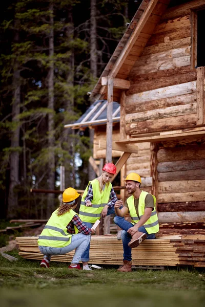 Jóvenes Trabajadores Construcción Construyendo Una Cabaña Montaña Juntos —  Fotos de Stock