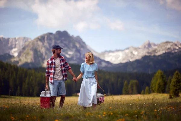 自然の中でピクニックを楽しむカップル 愛の手を握り 美しい日に自然の中で歩く若い陽気な笑顔のカップル — ストック写真