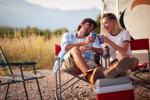 Young Couple Enjoying Drink Camp Beautiful Sunny Day Nature Relationship —  Fotos de Stock